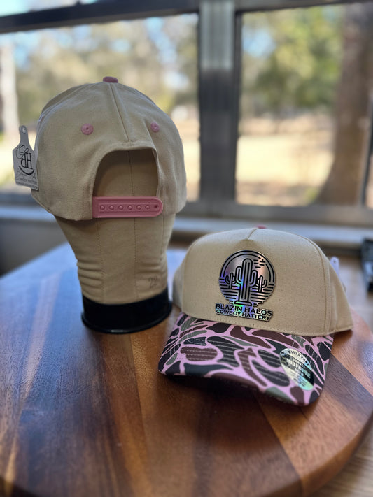 Blazin Halos Pink Duck Camo Brim Pony Tail Trucker Hat with Holographic Patch
