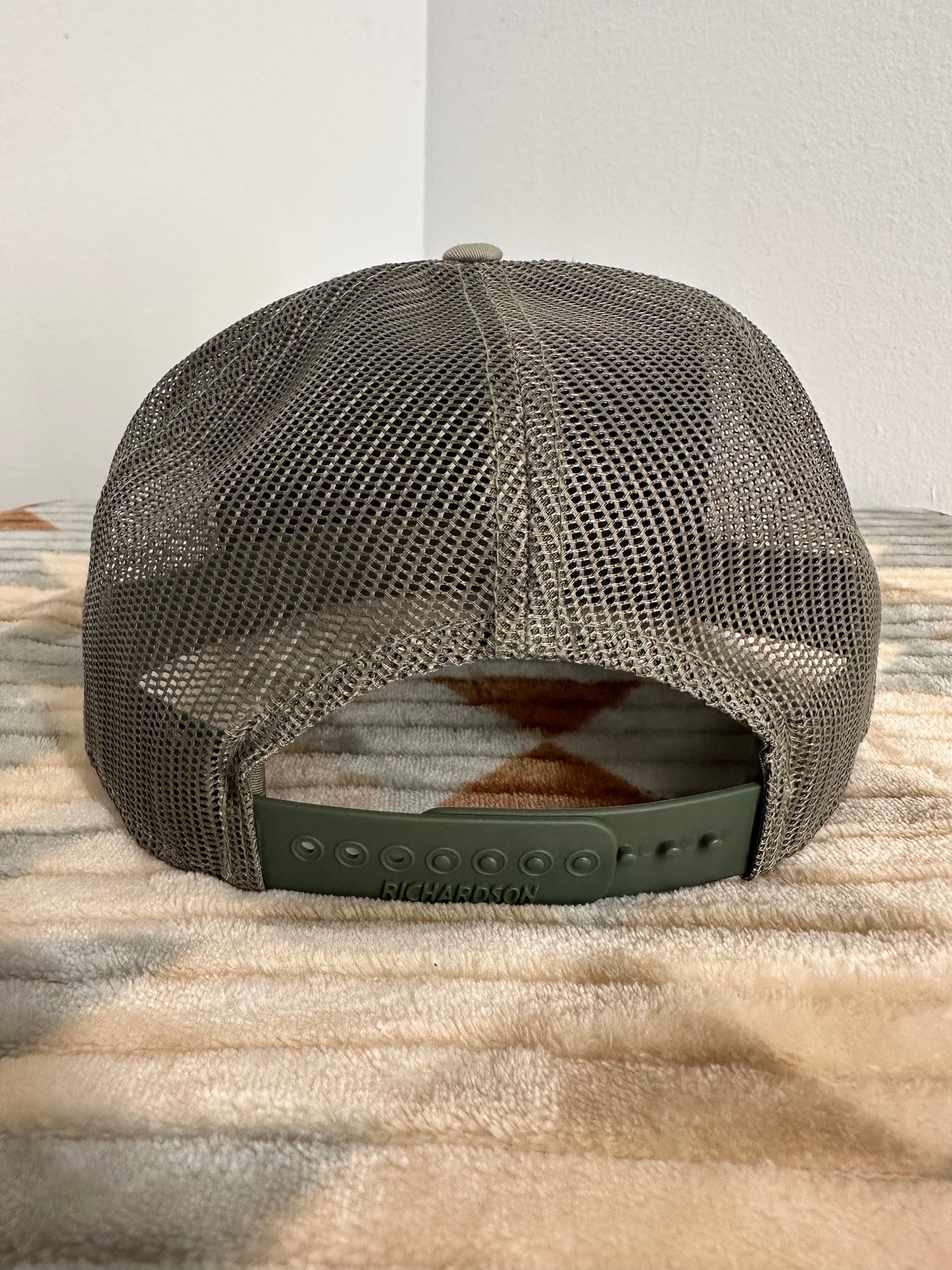 Blazin Halos Pale Khaki and Loden Richardson 7 Panel Trucker Hat with Copper Cactus Acrylic Patch