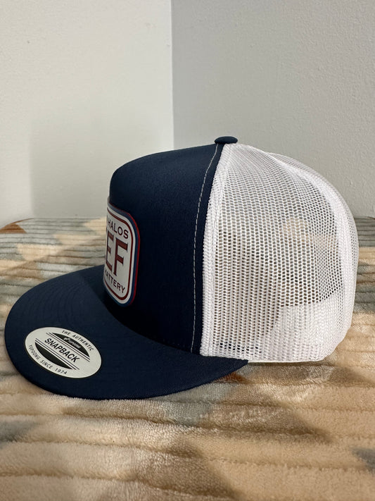 Blazin Halos Navy and White 5 Panel Flat Brim Trucker Hat with Acrylic Beef Patch