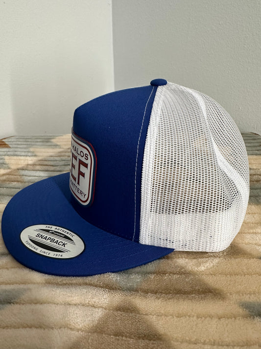 Blazin Halos Royal Blue and White 5 Panel Flat Brim Trucker Hat with Acrylic Beef Patch