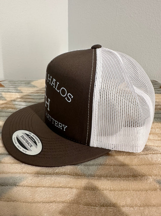Blazin Halos Ranch Brand Series 5 Panel Flat Brim Tucker Hat - Brown and White
