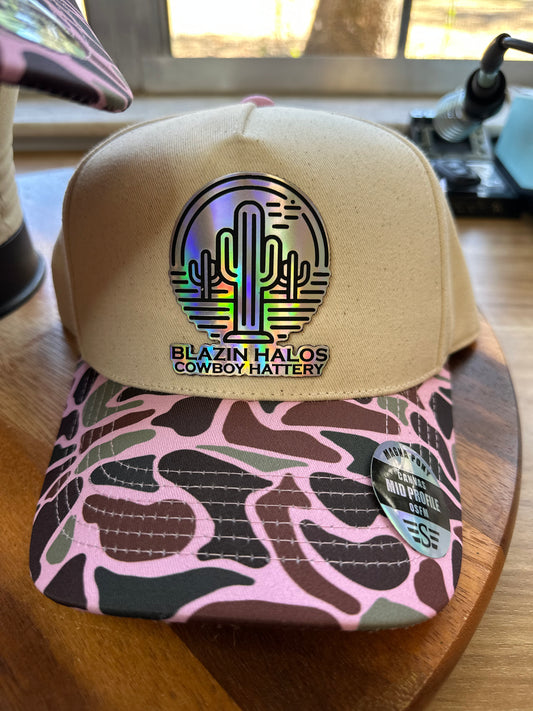 Blazin Halos Pink Duck Camo Brim Pony Tail Trucker Hat with Holographic Patch