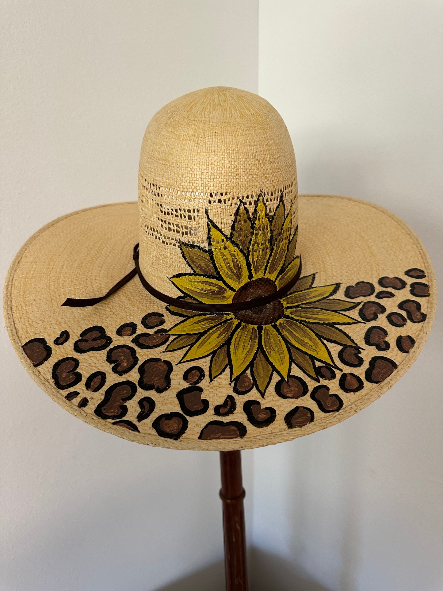 Sunflower and Leopard Painted Open Crown Straw Hat Size 6 3/4