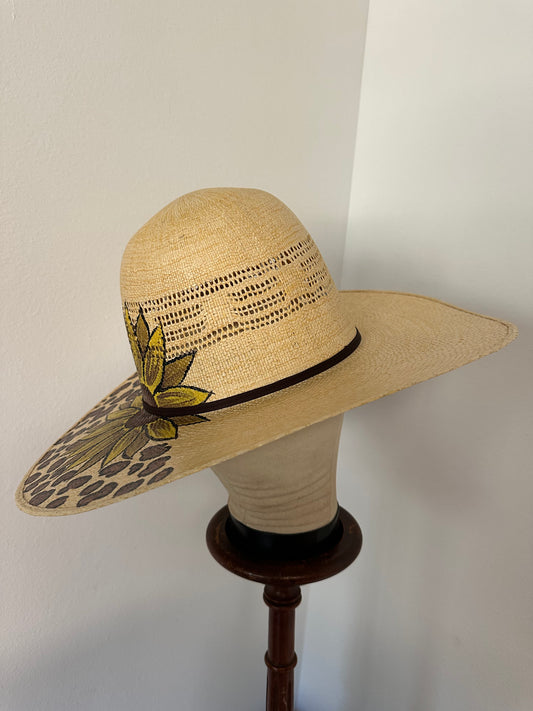 Sunflower and Leopard Painted Open Crown Straw Hat Size 6 3/4