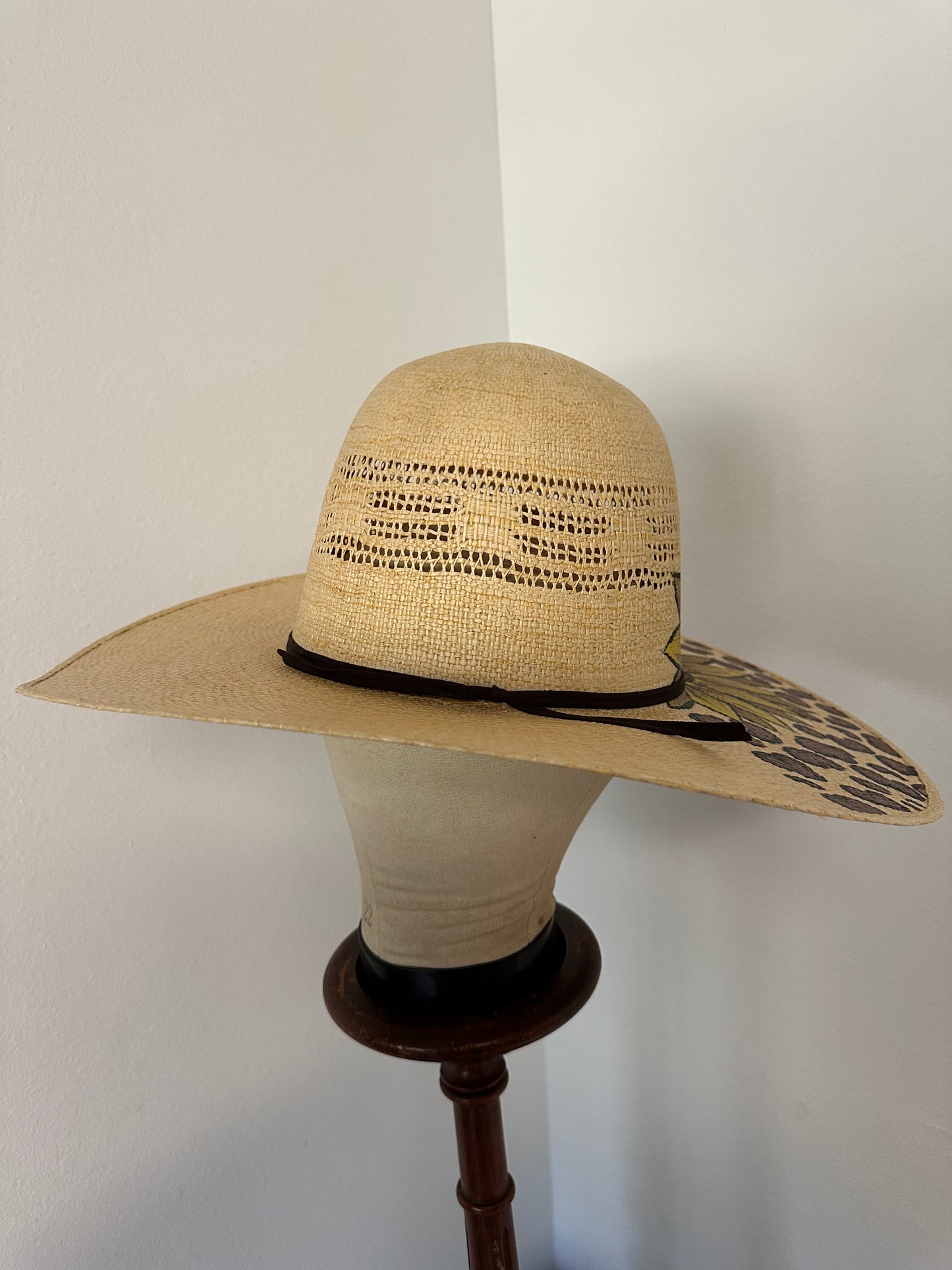 Sunflower and Leopard Painted Open Crown Straw Hat Size 6 3/4