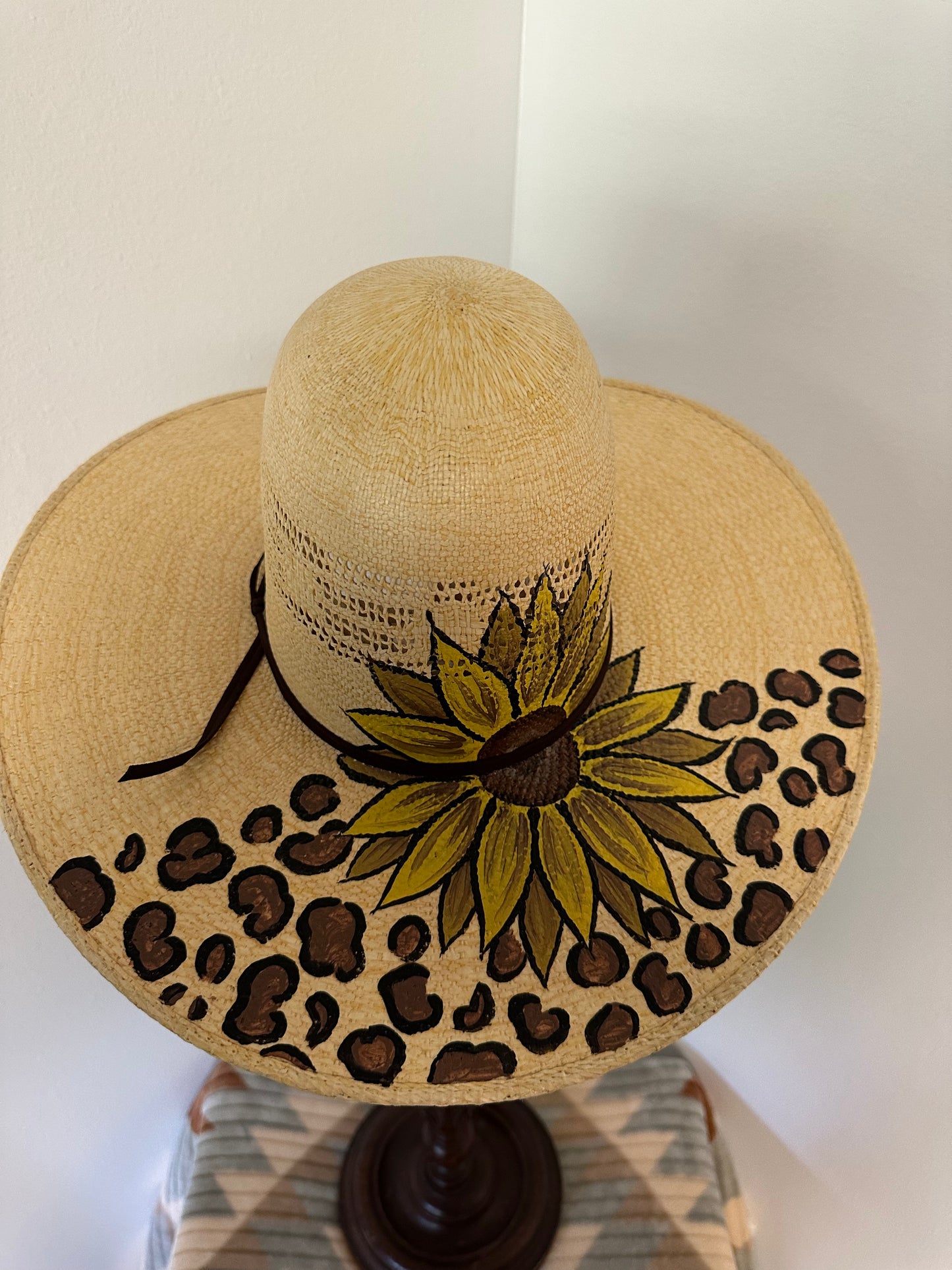 Sunflower and Leopard Painted Open Crown Straw Hat Size 6 3/4