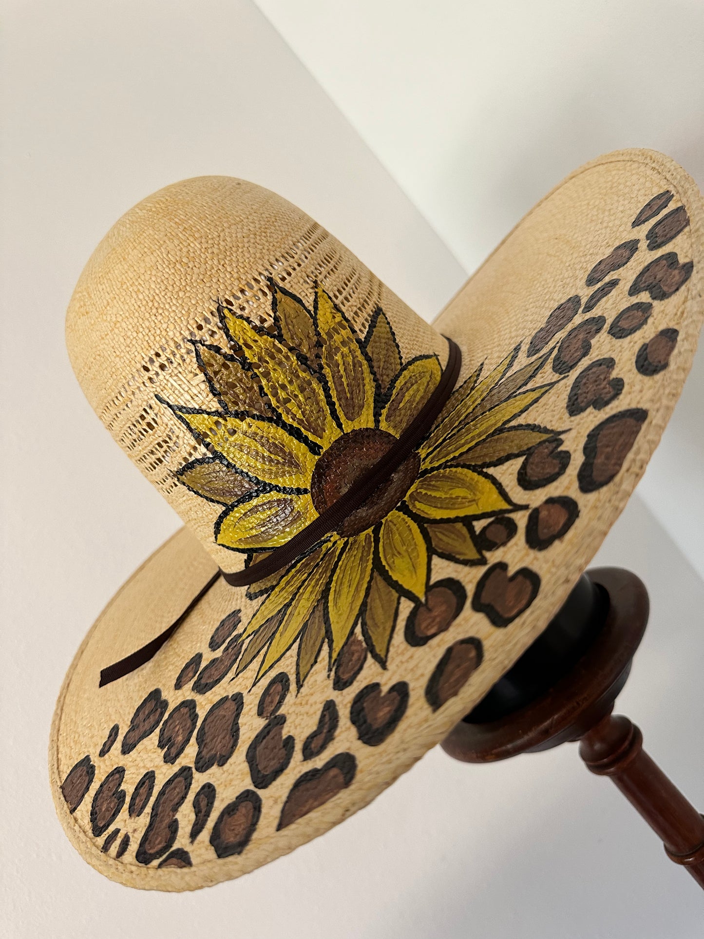 Sunflower and Leopard Painted Open Crown Straw Hat Size 6 3/4