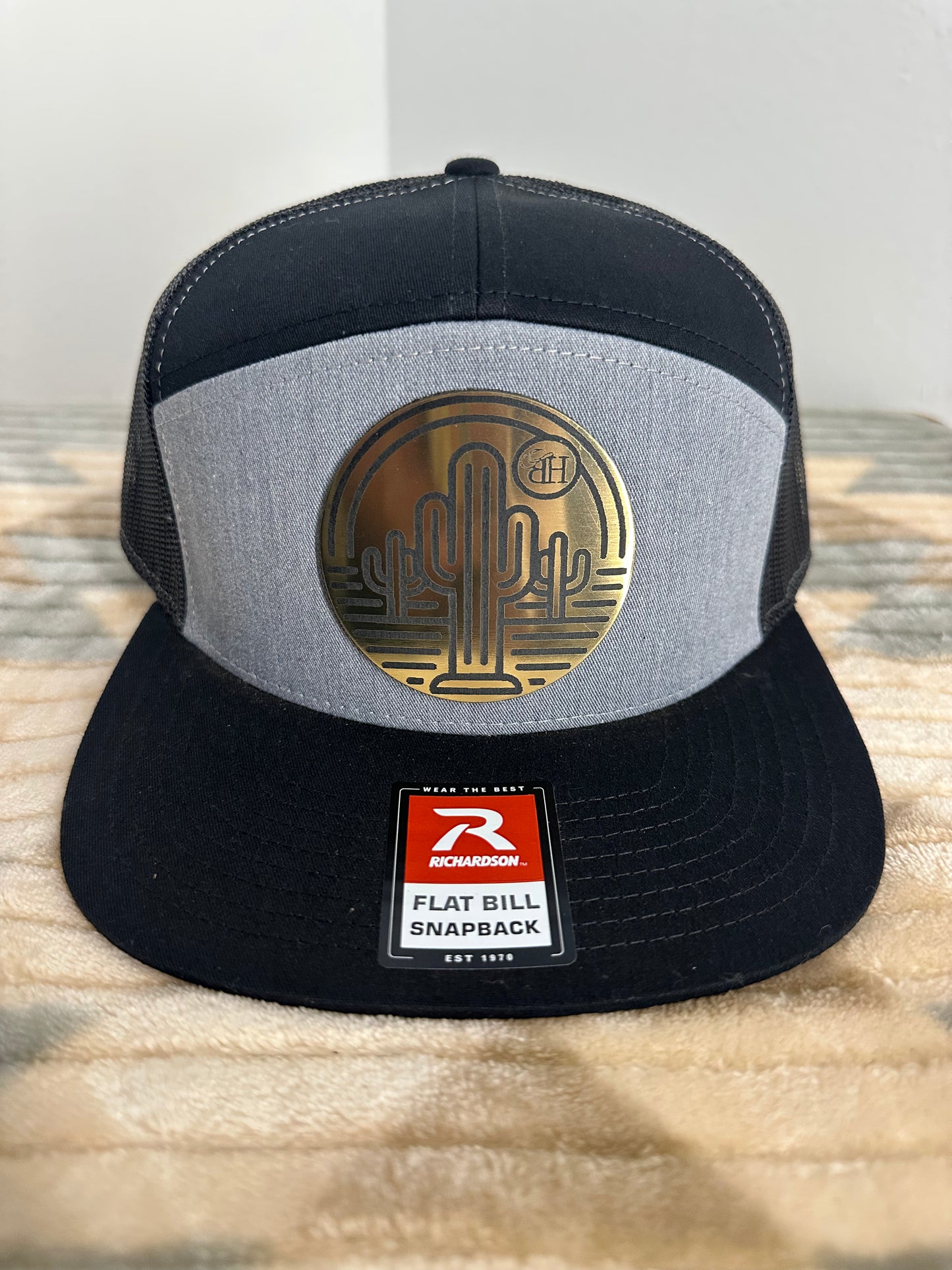 Blazin Halos Gray Richardson 7 Panel Trucker Hat with Gold Cactus Acrylic Patch