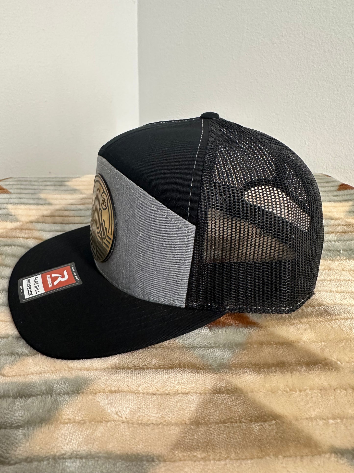 Blazin Halos Gray Richardson 7 Panel Trucker Hat with Gold Cactus Acrylic Patch