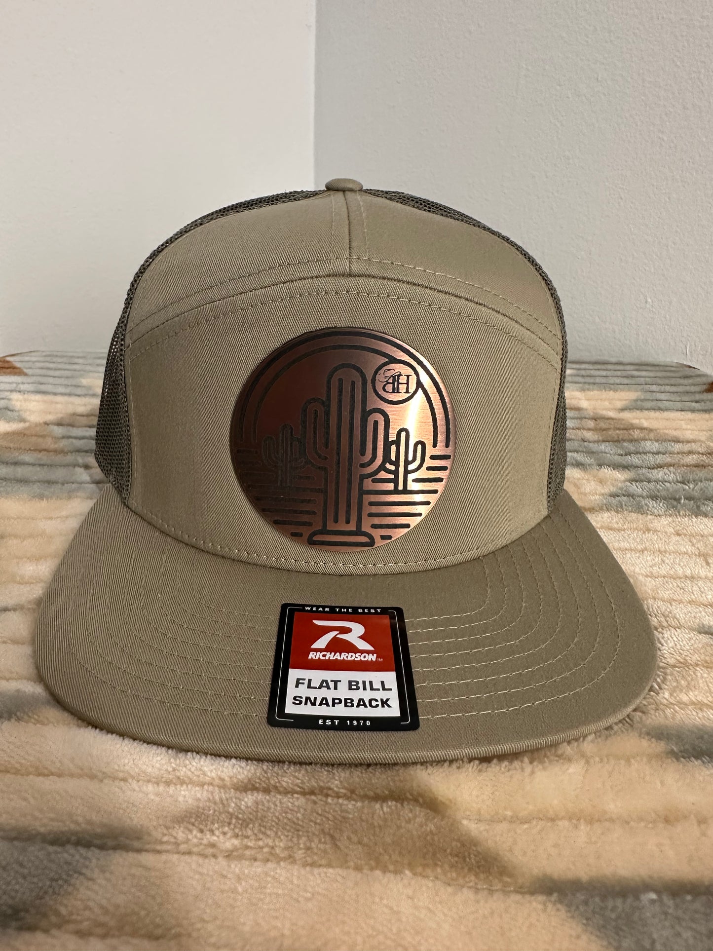 Blazin Halos Pale Khaki and Loden Richardson 7 Panel Trucker Hat with Copper Cactus Acrylic Patch