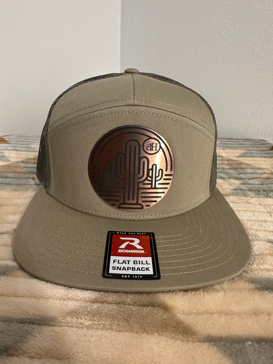Blazin Halos Pale Khaki and Loden Richardson 7 Panel Trucker Hat with Copper Cactus Acrylic Patch