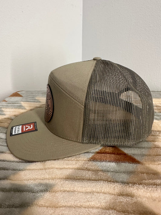 Blazin Halos Pale Khaki and Loden Richardson 7 Panel Trucker Hat with Copper Cactus Acrylic Patch