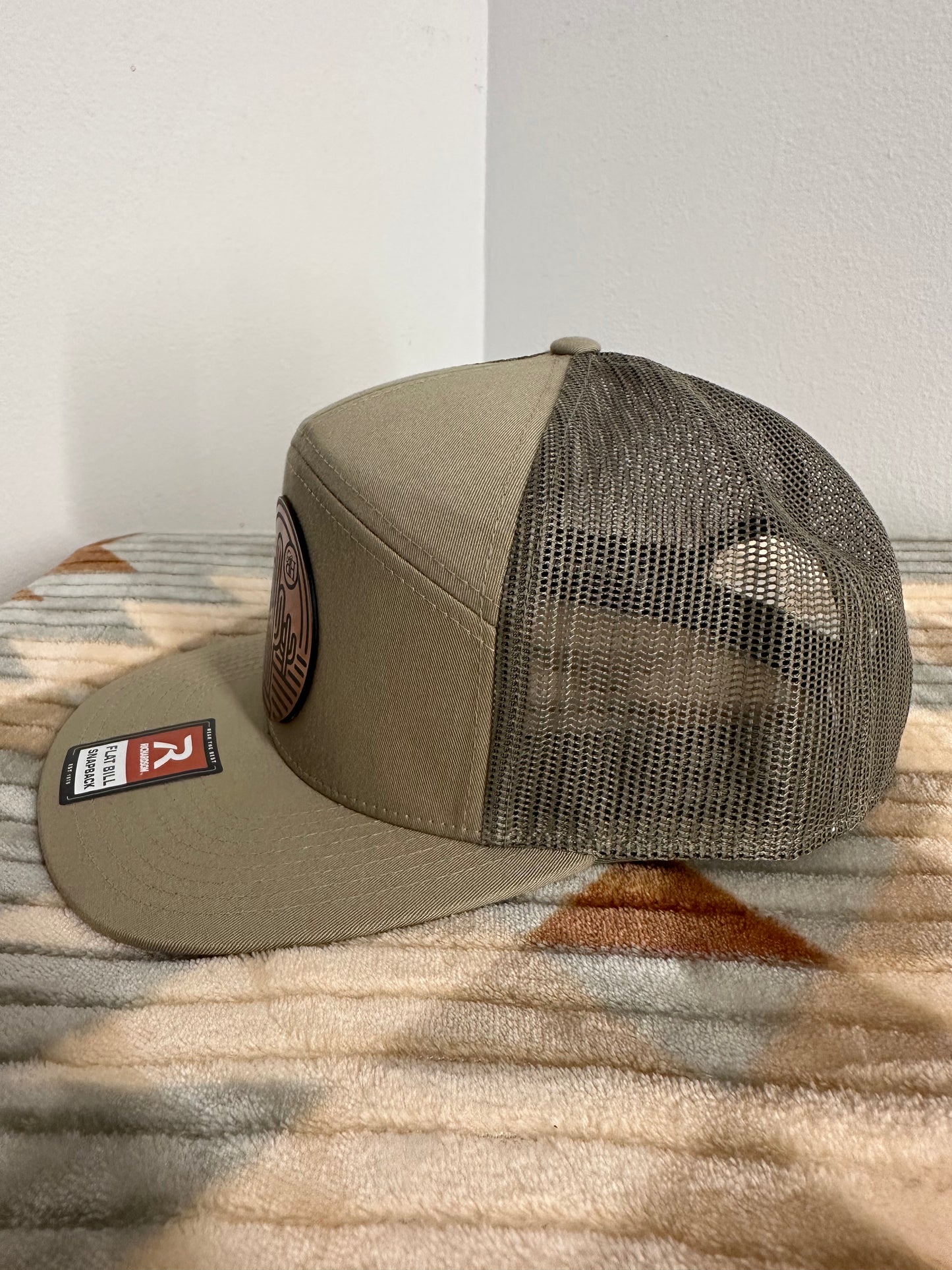 Blazin Halos Pale Khaki and Loden Richardson 7 Panel Trucker Hat with Copper Cactus Acrylic Patch