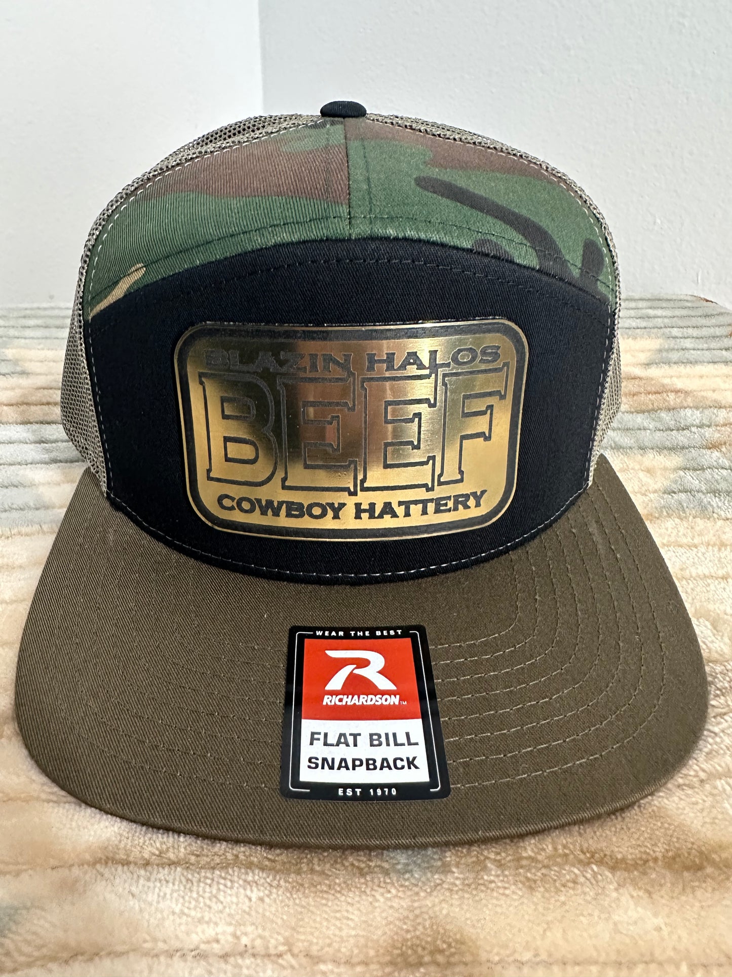 Blazin Halos Camo 7 Panel with Acrylic Gold Beef Patch