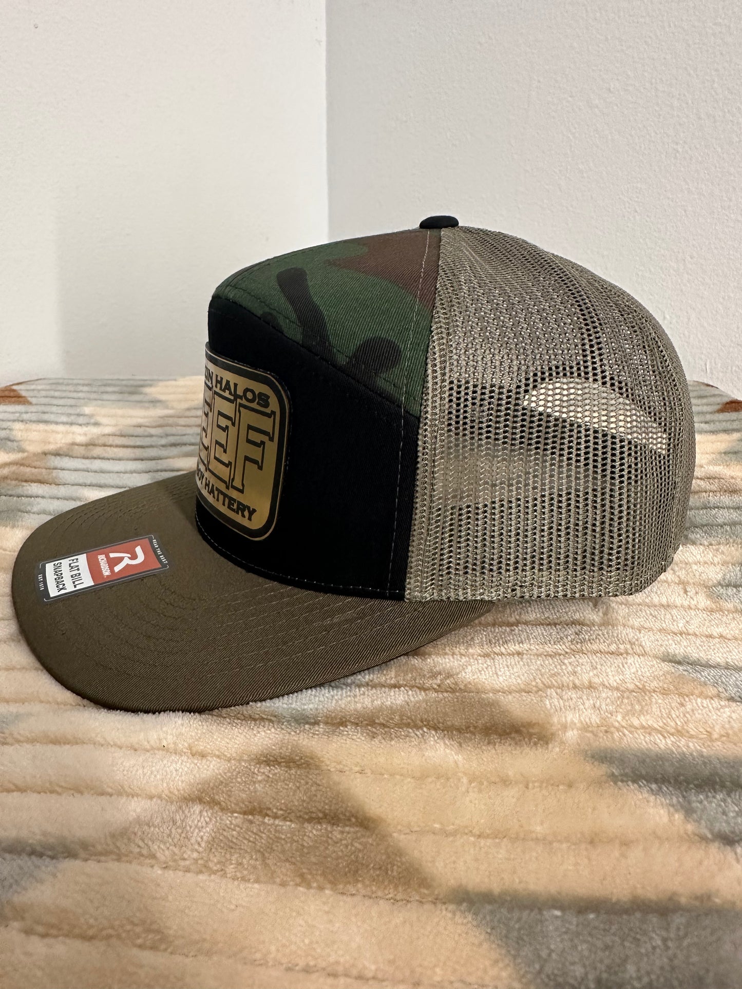 Blazin Halos Camo 7 Panel with Acrylic Gold Beef Patch