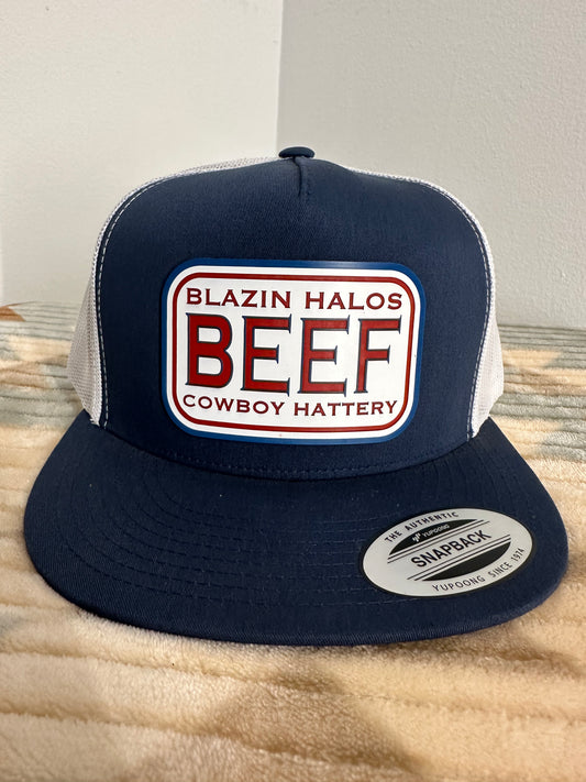Blazin Halos Navy and White 5 Panel Flat Brim Trucker Hat with Acrylic Beef Patch