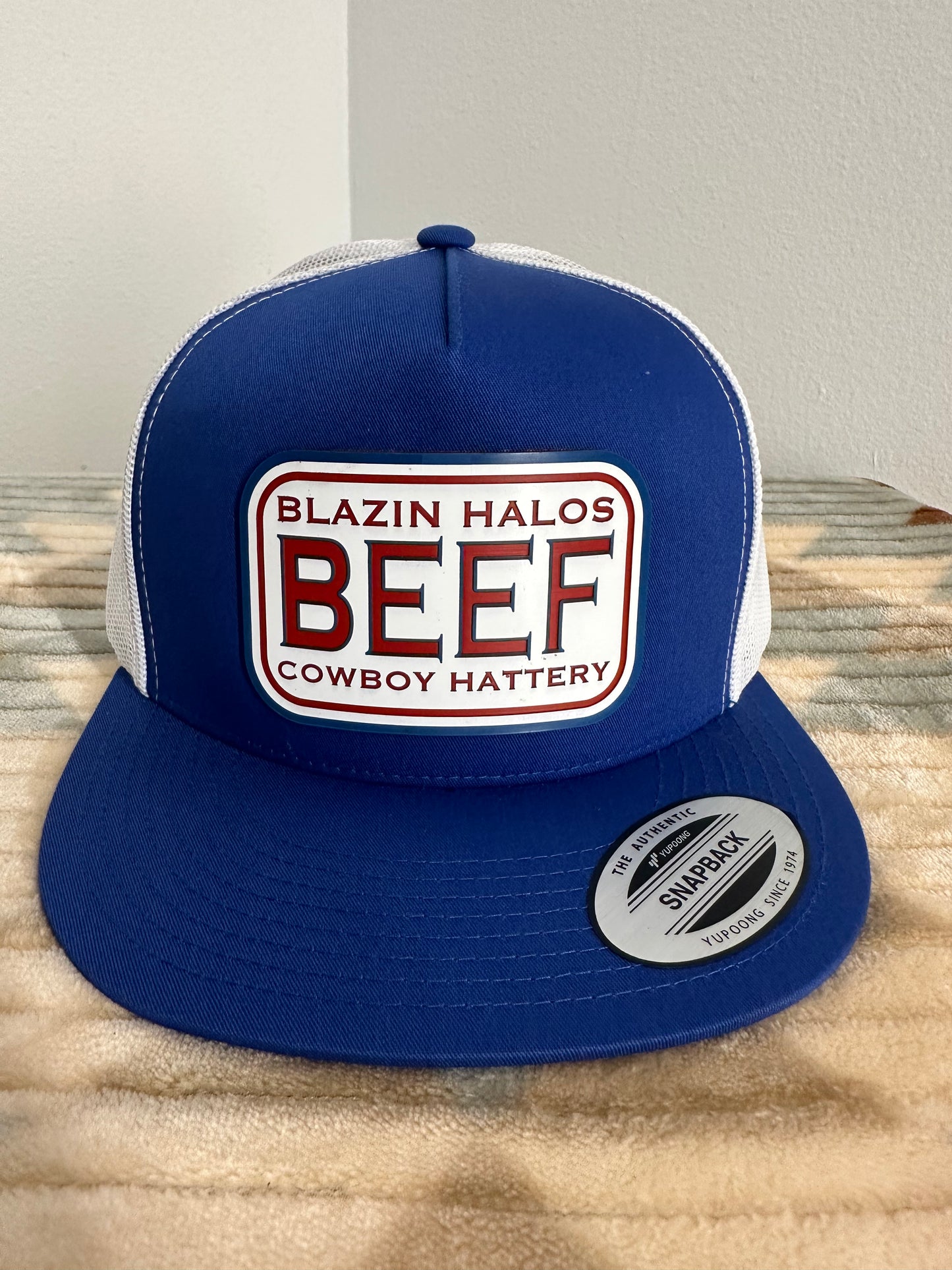 Blazin Halos Royal Blue and White 5 Panel Flat Brim Trucker Hat with Acrylic Beef Patch