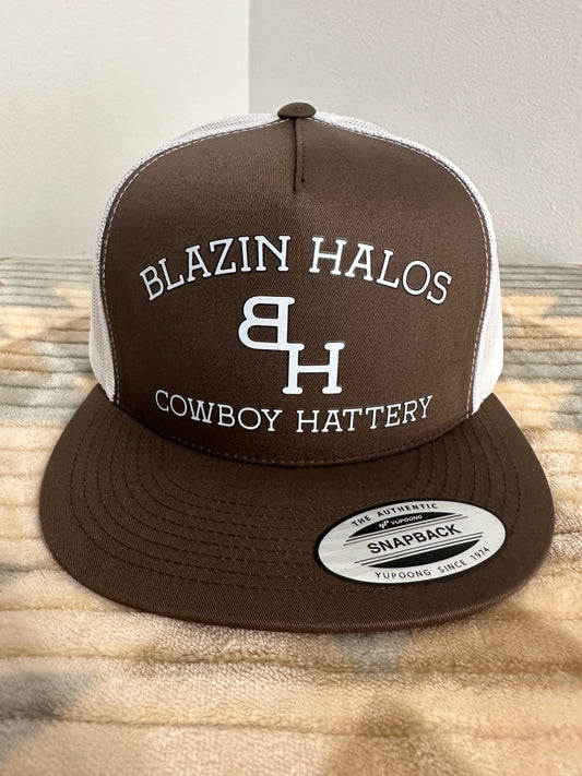 Blazin Halos Ranch Brand Series 5 Panel Flat Brim Tucker Hat - Brown and White