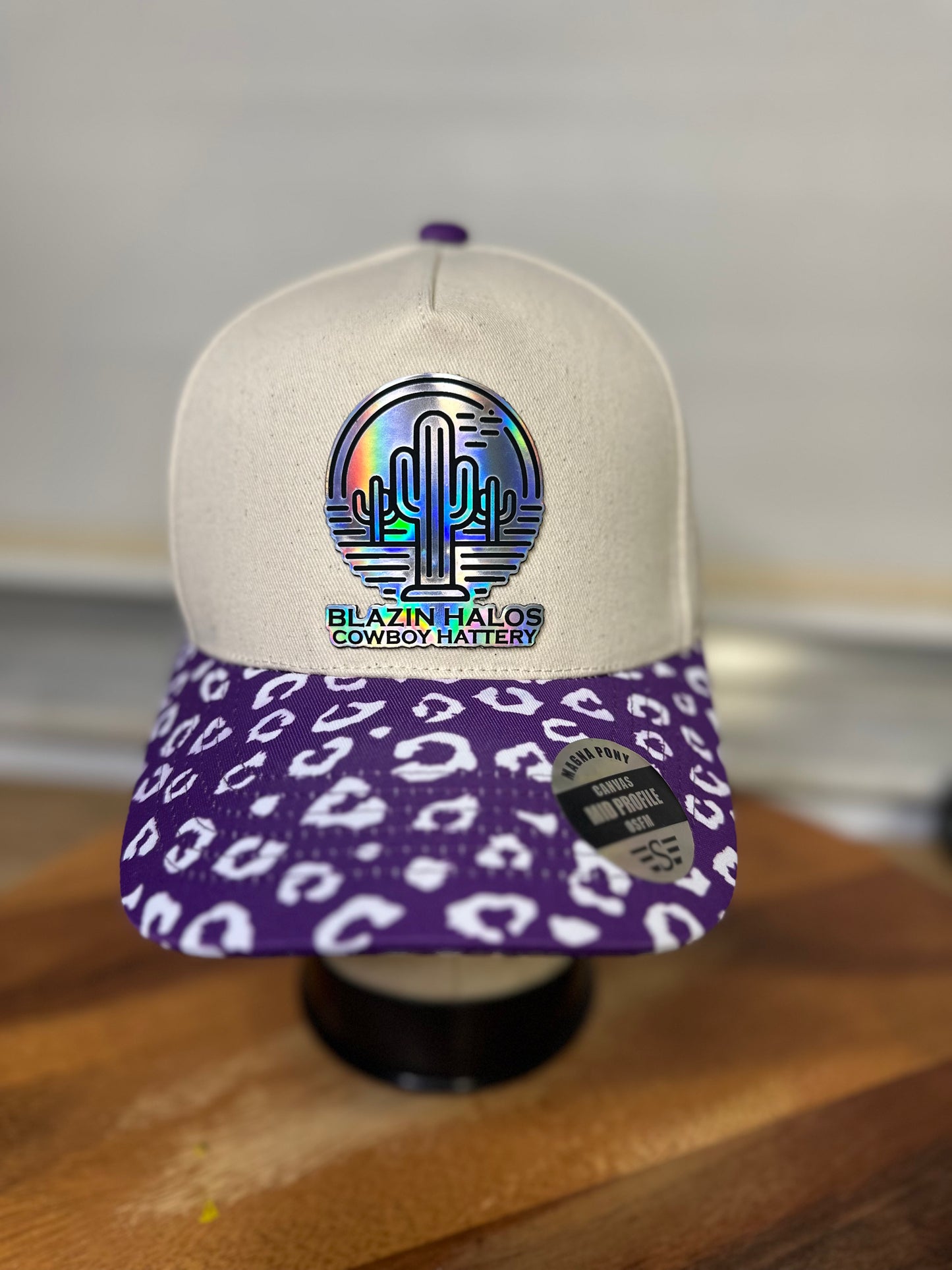 Blazin Halos Leopard Brim Pony Tail Trucker Hat with Holographic Patch