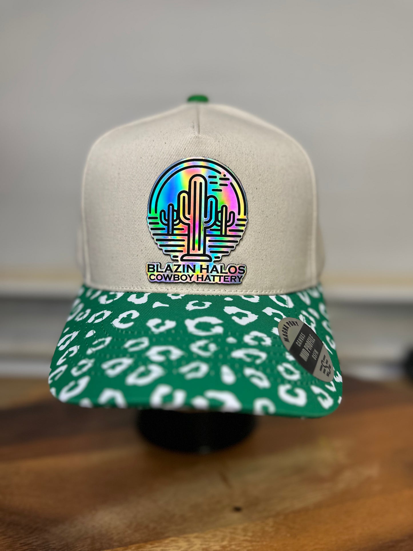 Blazin Halos Leopard Brim Pony Tail Trucker Hat with Holographic Patch