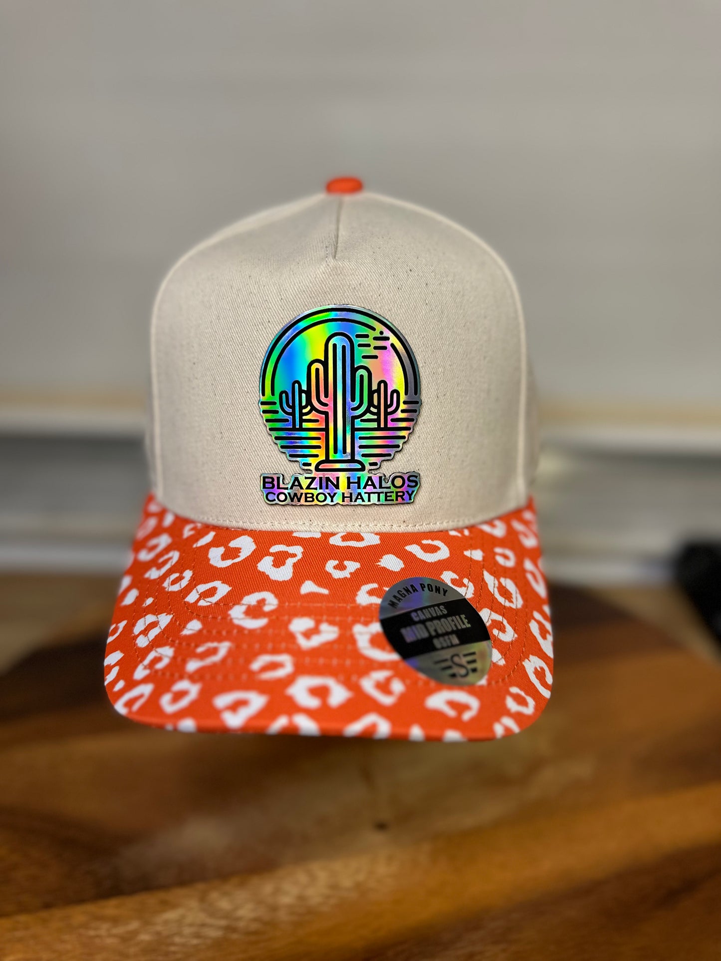 Blazin Halos Leopard Brim Pony Tail Trucker Hat with Holographic Patch