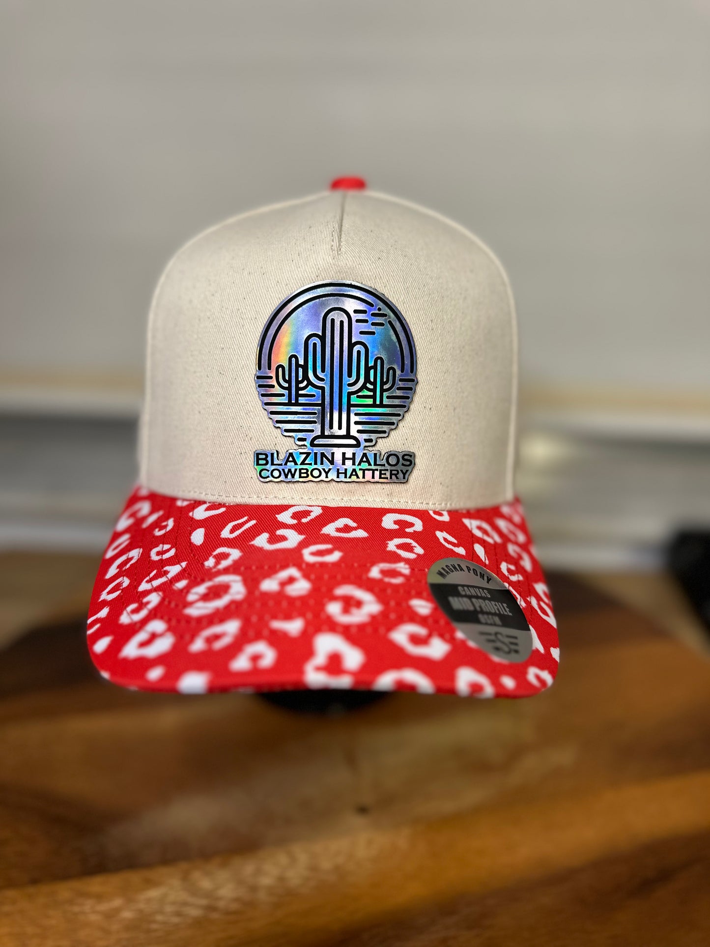 Blazin Halos Leopard Brim Pony Tail Trucker Hat with Holographic Patch