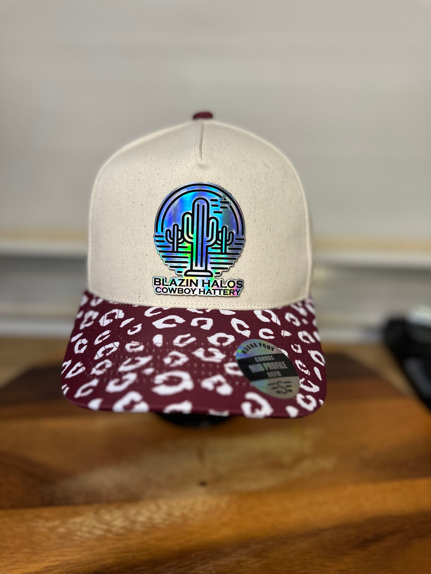 Blazin Halos Leopard Brim Pony Tail Trucker Hat with Holographic Patch