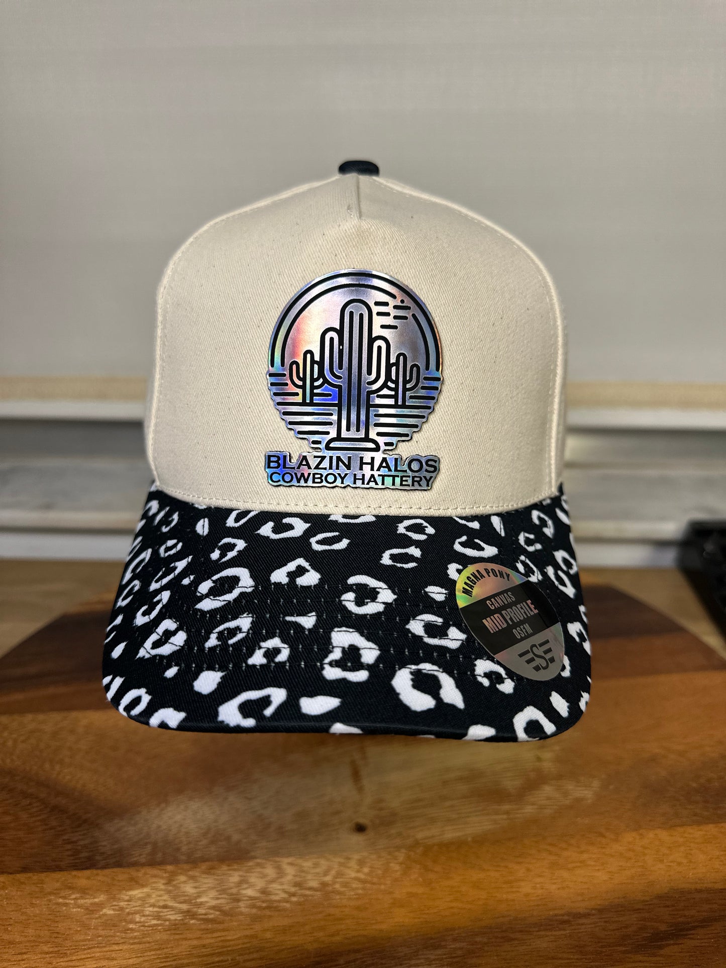 Blazin Halos Leopard Brim Pony Tail Trucker Hat with Holographic Patch