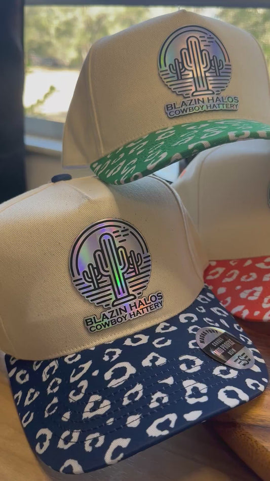 Blazin Halos Leopard Brim Pony Tail Trucker Hat with Holographic Patch